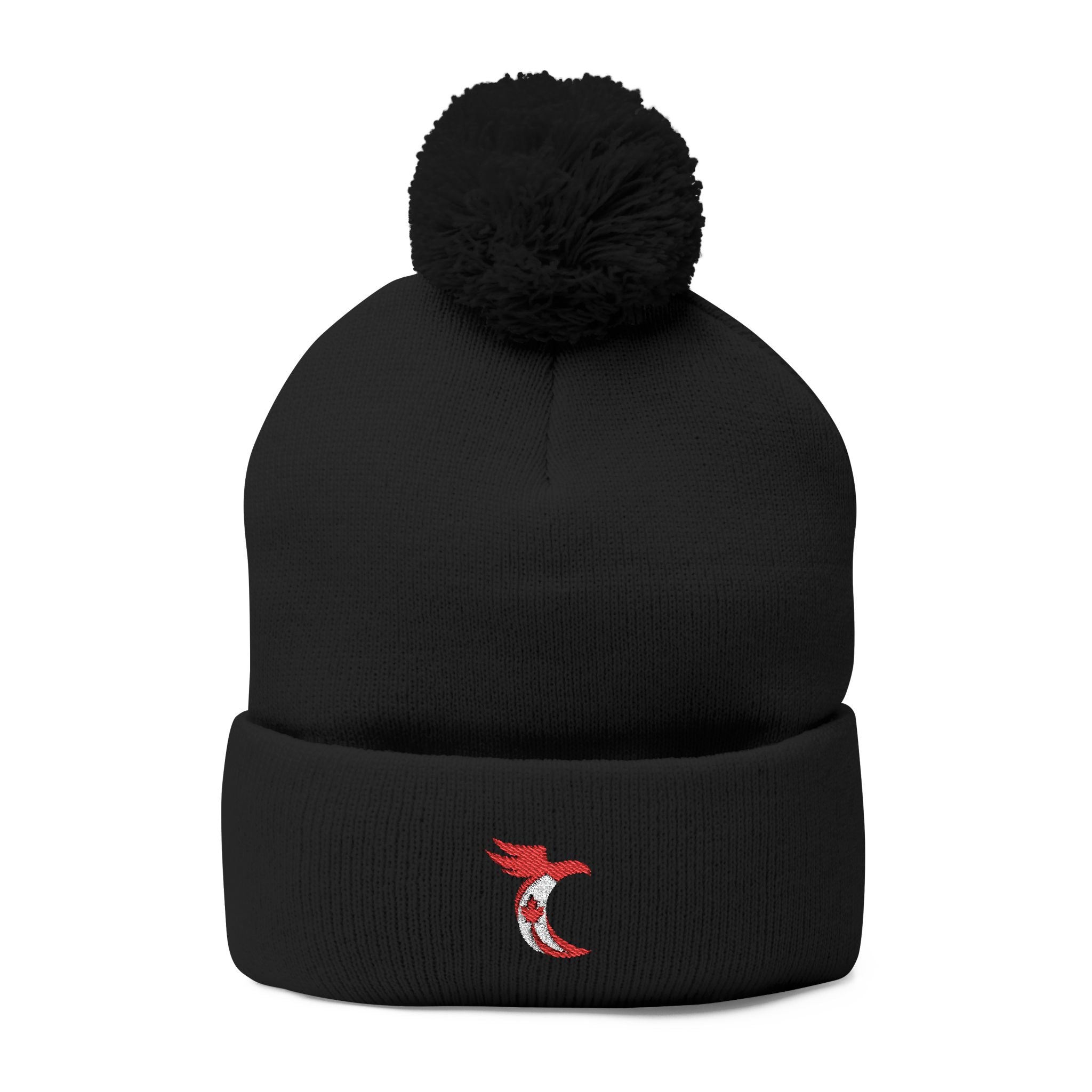 Embroidered Pom-Pom Knit Cap — Cozy Grey Beanie with Small Gold Stitching