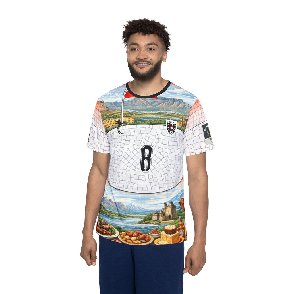 Scenic Mosaic Men's Sports Jersey — Alpine Castle & Gourmet Landscape Print
