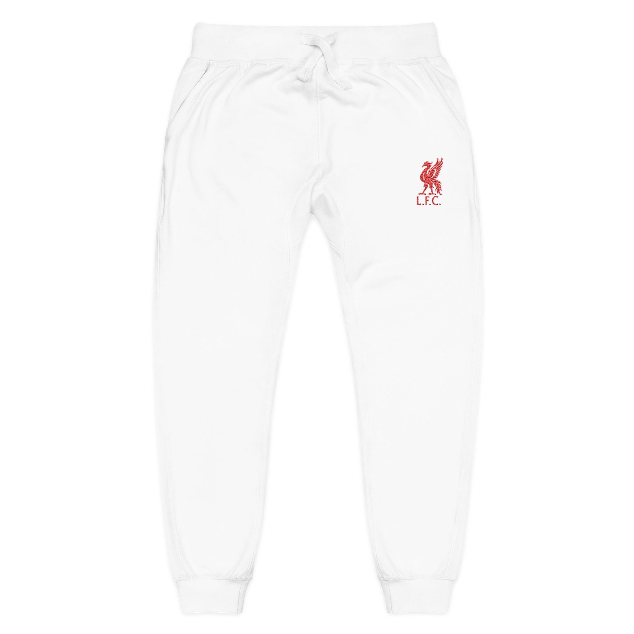 Liverpool Embroidered Crest Sweatpants — White Cozy Joggers with Small Red Logo