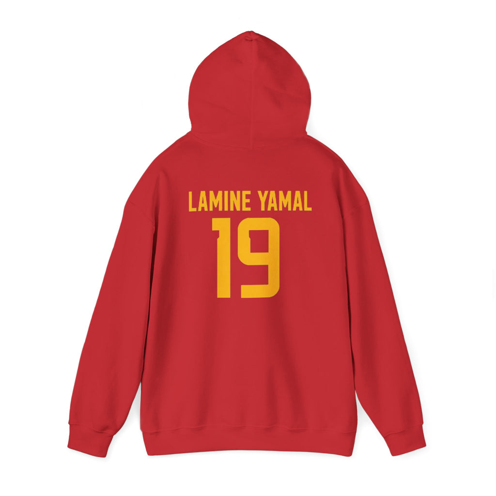 Lamine Yamal  Hoodie - Red Sports Sweatshirt with Gold Crest & Personalized Back Number (e.g., LAMINE YAMAL 19)