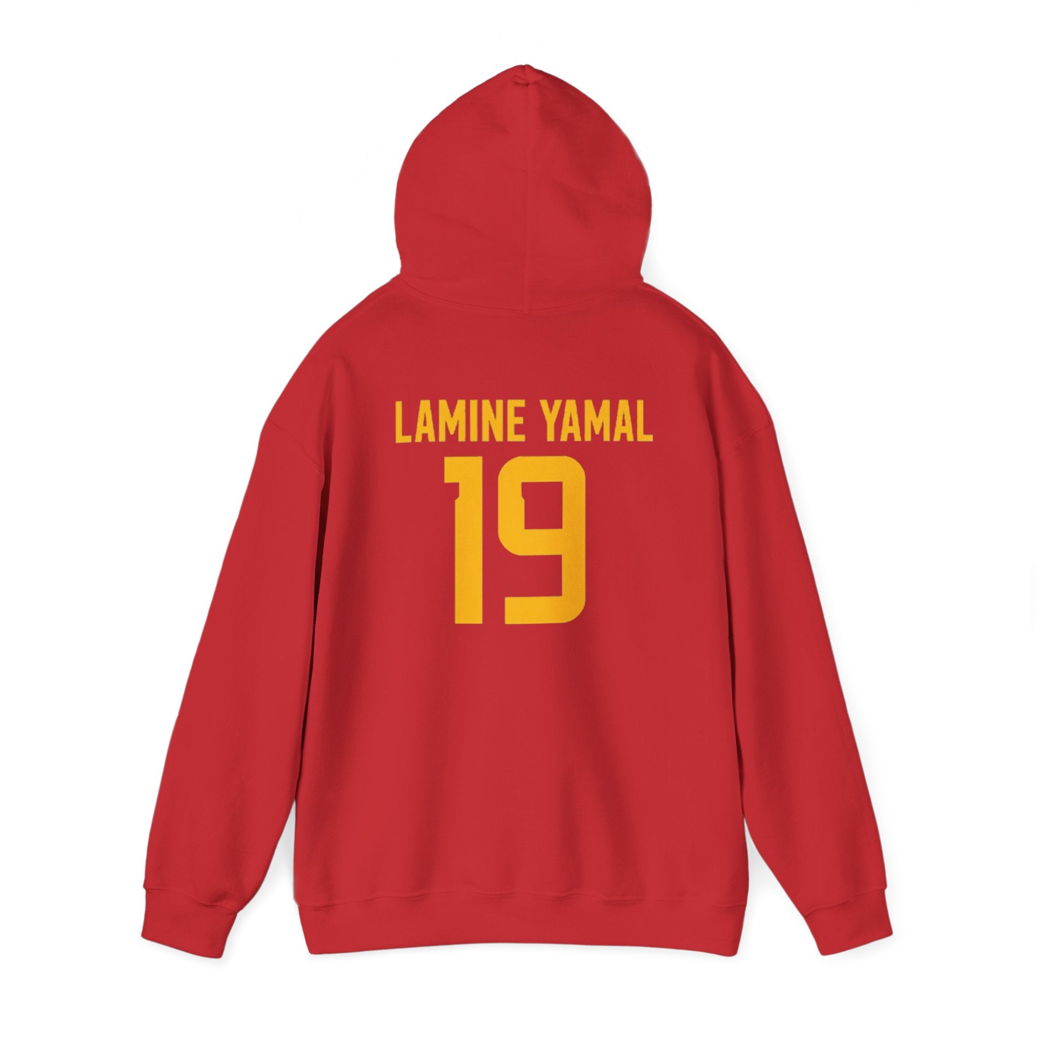 Lamine Yamal  Hoodie - Red Sports Sweatshirt with Gold Crest & Personalized Back Number (e.g., LAMINE YAMAL 19)