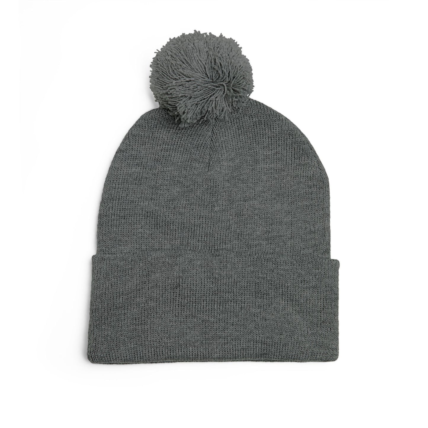 Embroidered Pom-Pom Knit Cap — Cozy Grey Beanie with Small Gold Stitching