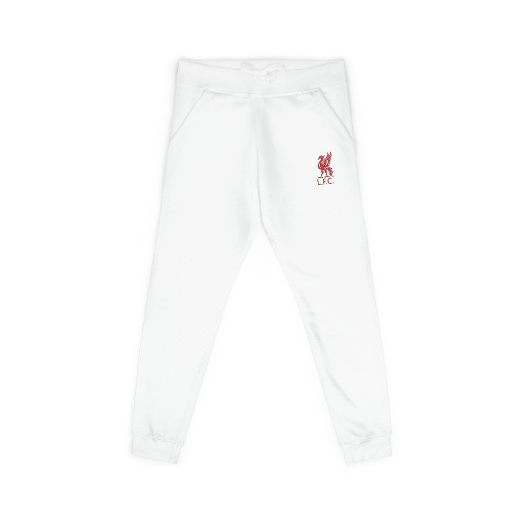 Liverpool Embroidered Crest Sweatpants — White Cozy Joggers with Small Red Logo