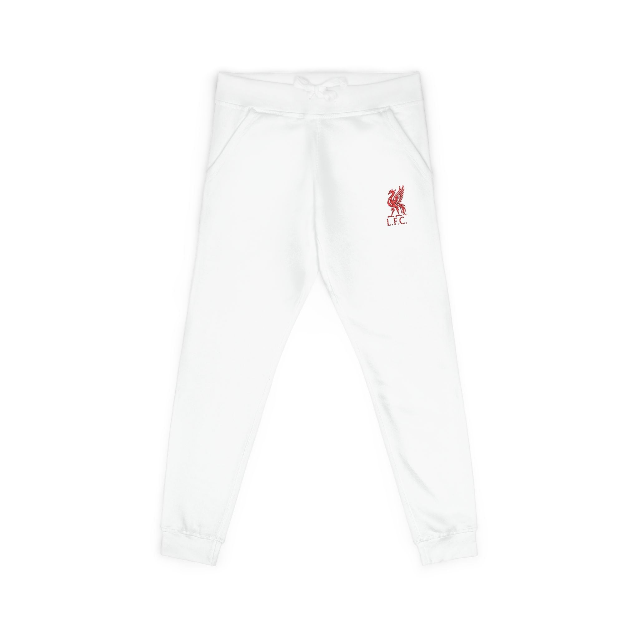 Liverpool Embroidered Crest Sweatpants — White Cozy Joggers with Small Red Logo