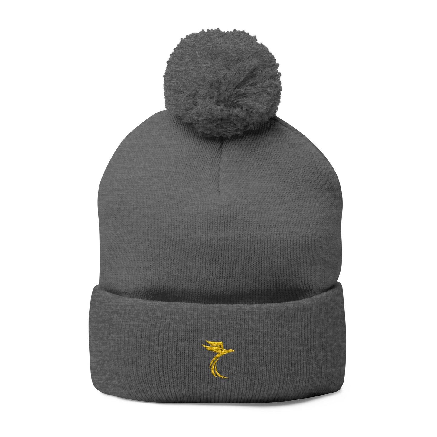 Embroidered Pom-Pom Knit Cap — Cozy Grey Beanie with Small Gold Stitching