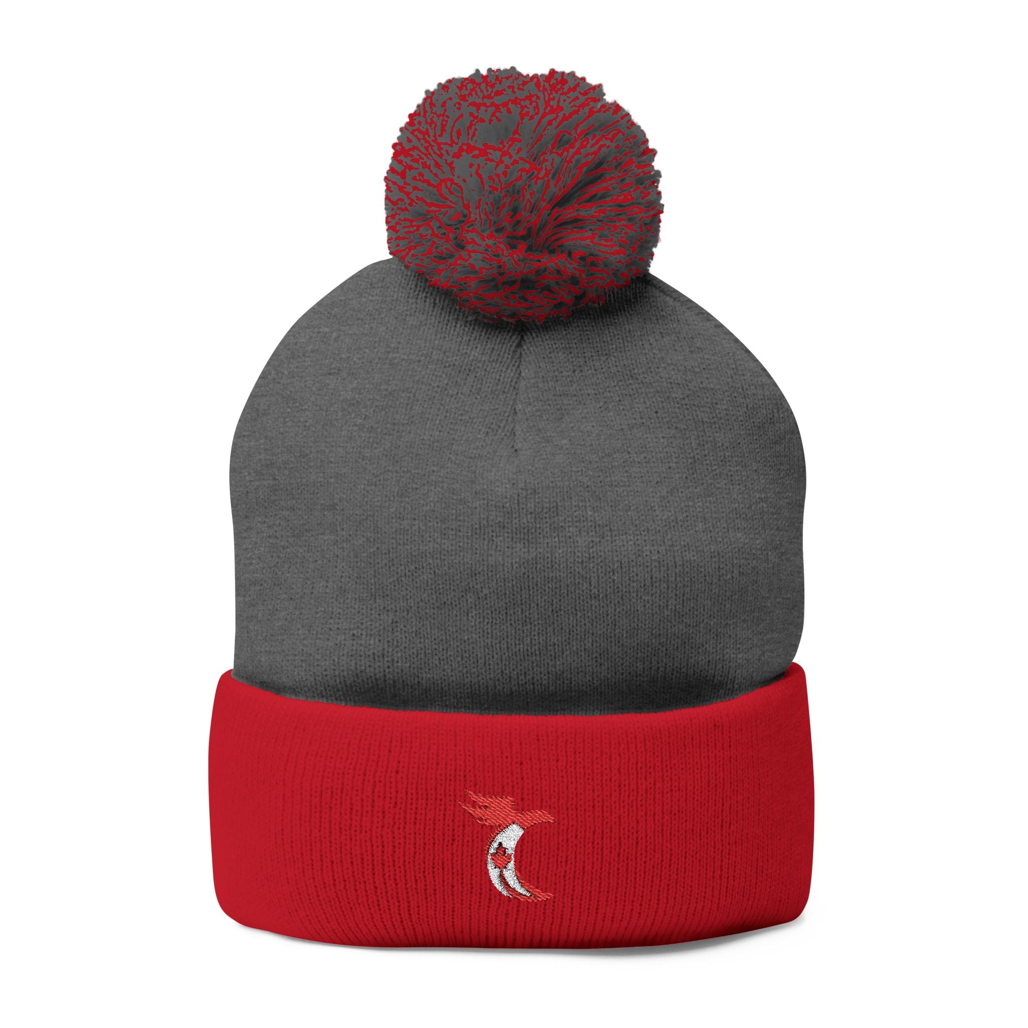 Embroidered Pom-Pom Knit Cap — Cozy Grey Beanie with Small Gold Stitching