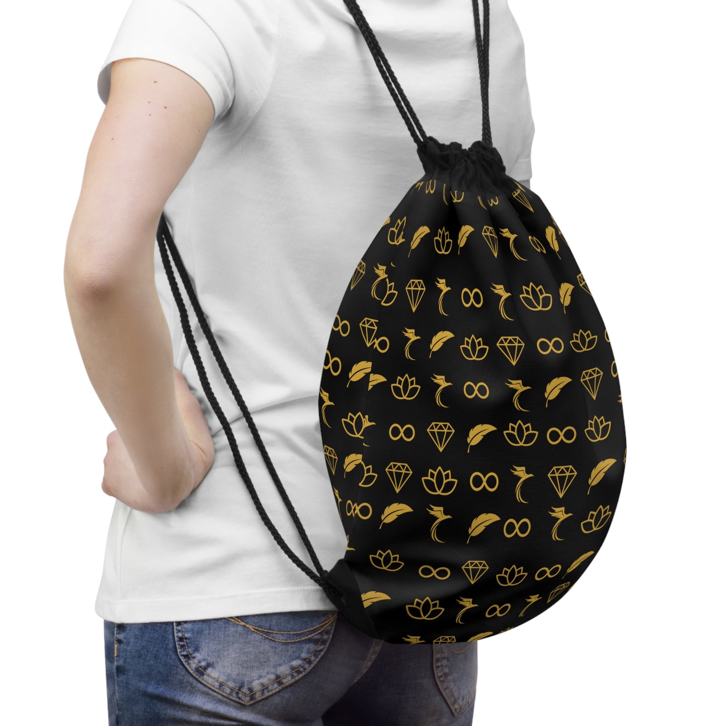 Stylish Black Drawstring Bag with Gold Symbol Patterns