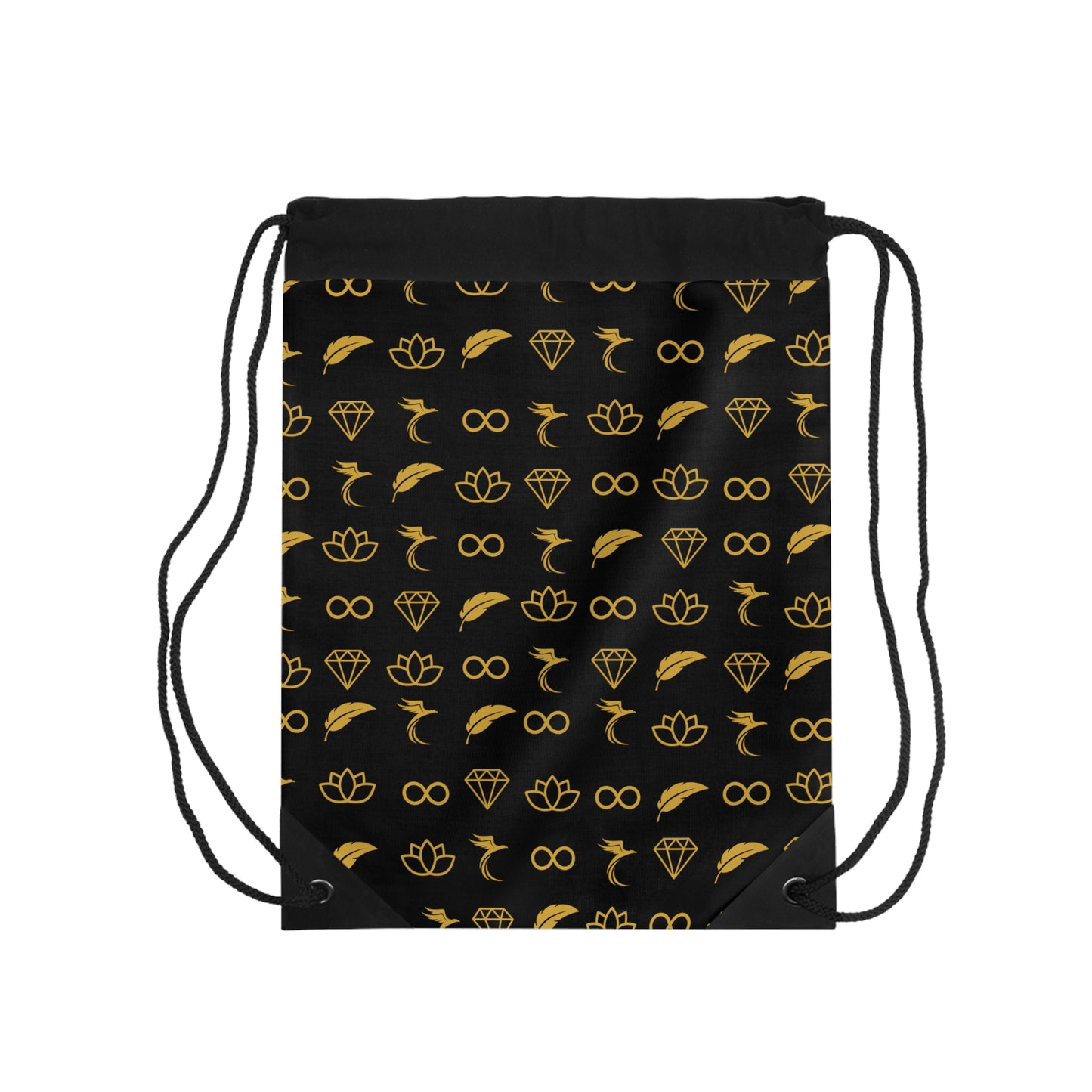 Stylish Black Drawstring Bag with Gold Symbol Patterns