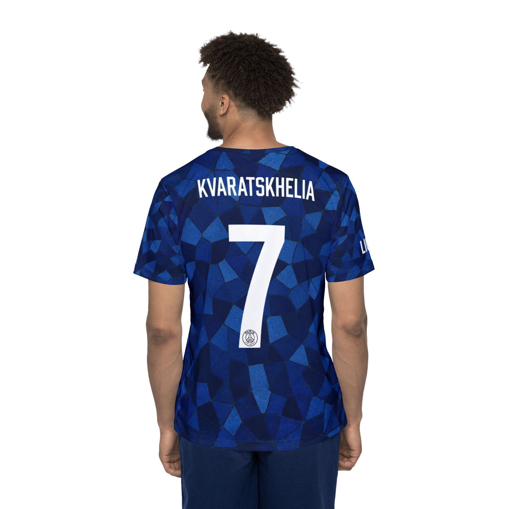 PSG Kvaratskhelia #7 Men’s Soccer Jersey — Qatar Airways Blue Red Kit
