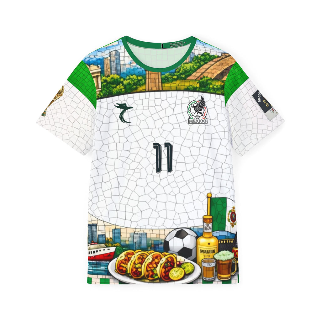 Mexican Soccer Jersey — All-Over Print Football Tee with Tacos & Fiesta Motif