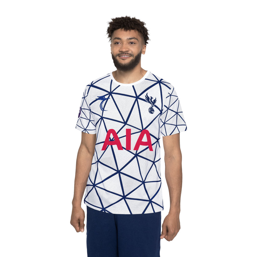 Men's All-Over Print Football Jersey — Geometric White/Navy with AIA Logo and Number 18