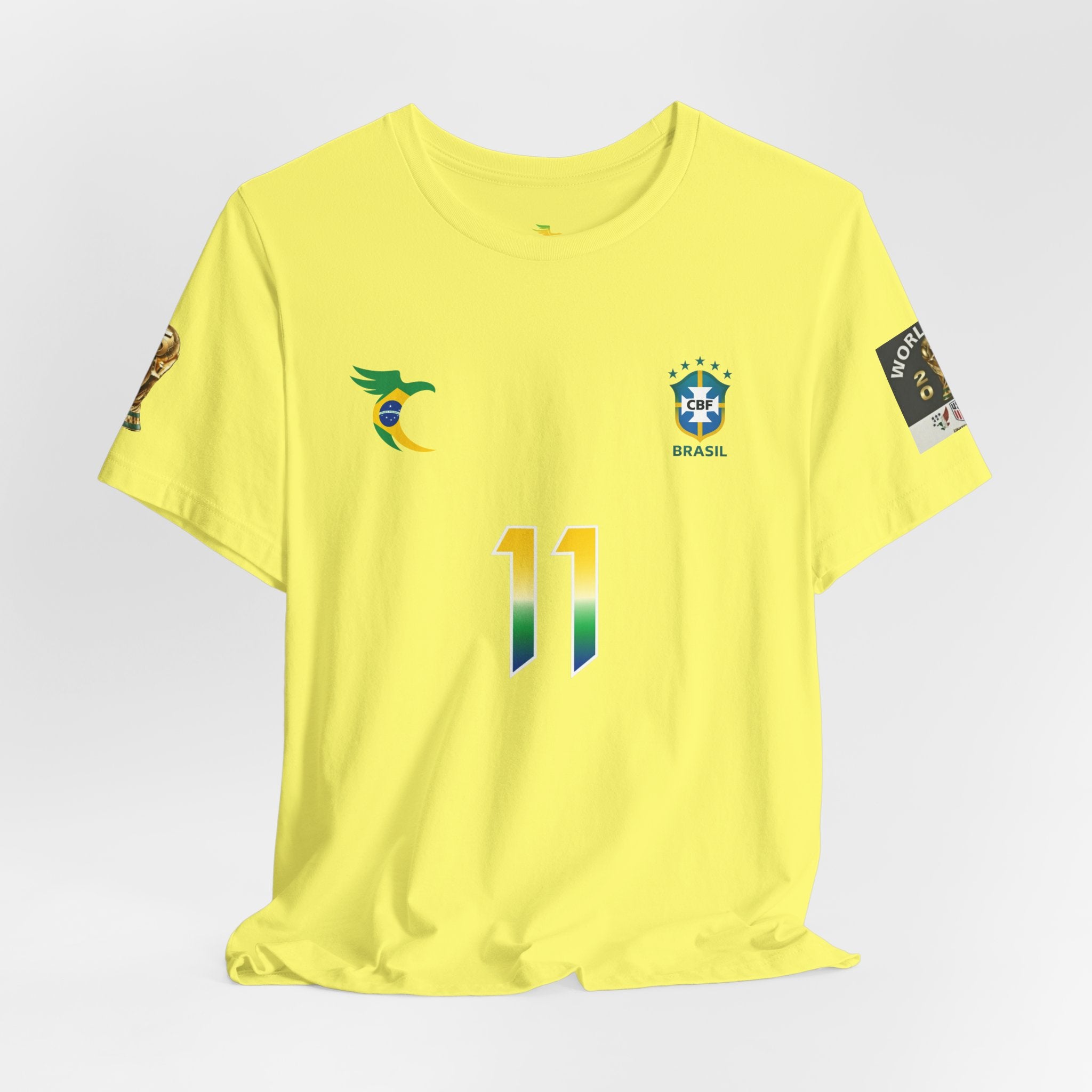 Brazil Soccer Raphinha T‑Shirt — Yellow Brazil Crest Tee with Flag & Sleeve Badges