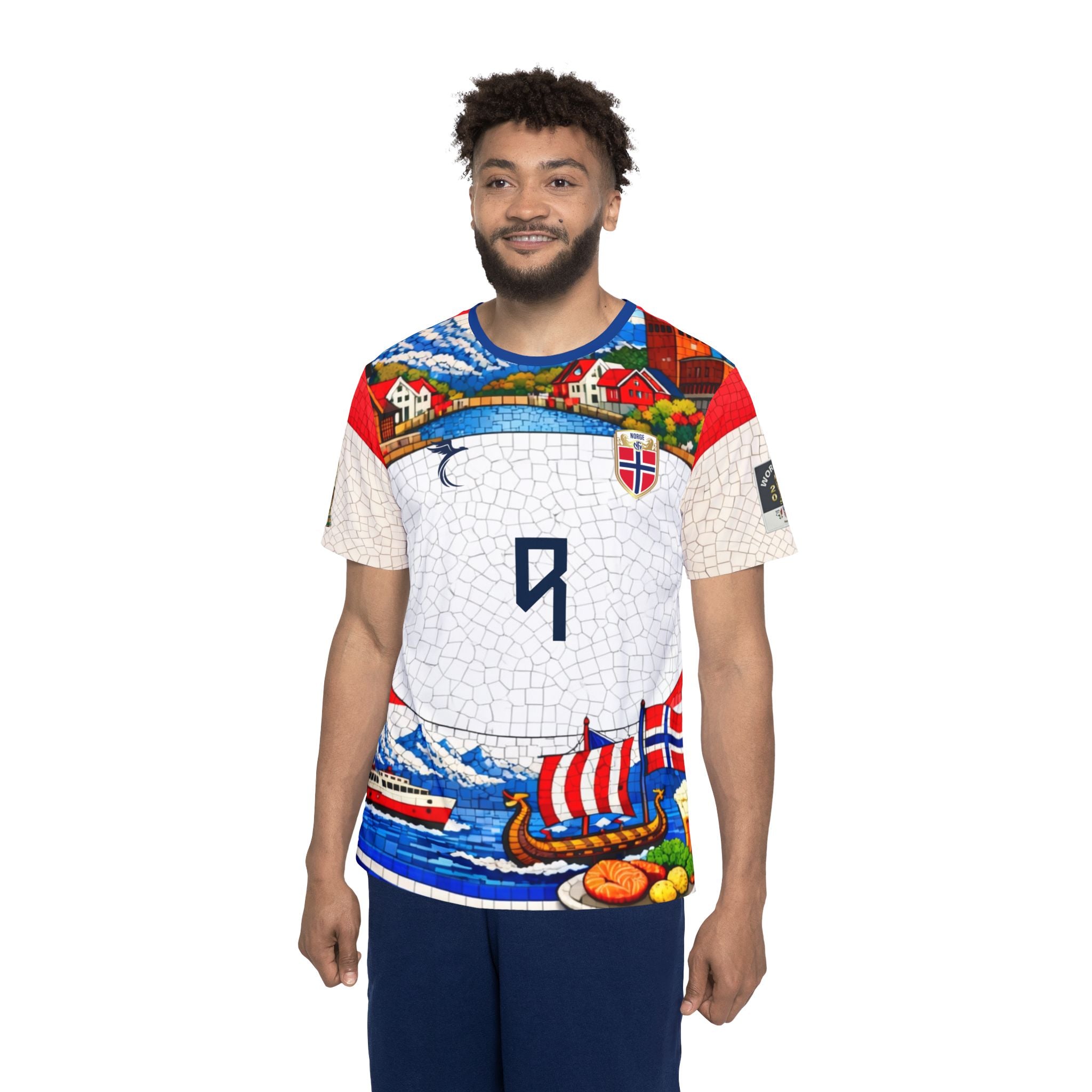 Vibrant Norwegian Fjord Sports Jersey — Viking Ship & Coastal Village All-Over Print