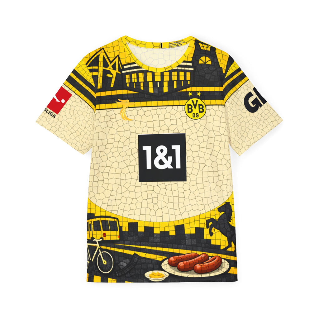 Men's Sports Jersey — Yellow Mosaic Cityscape Football & Sausage Graphic