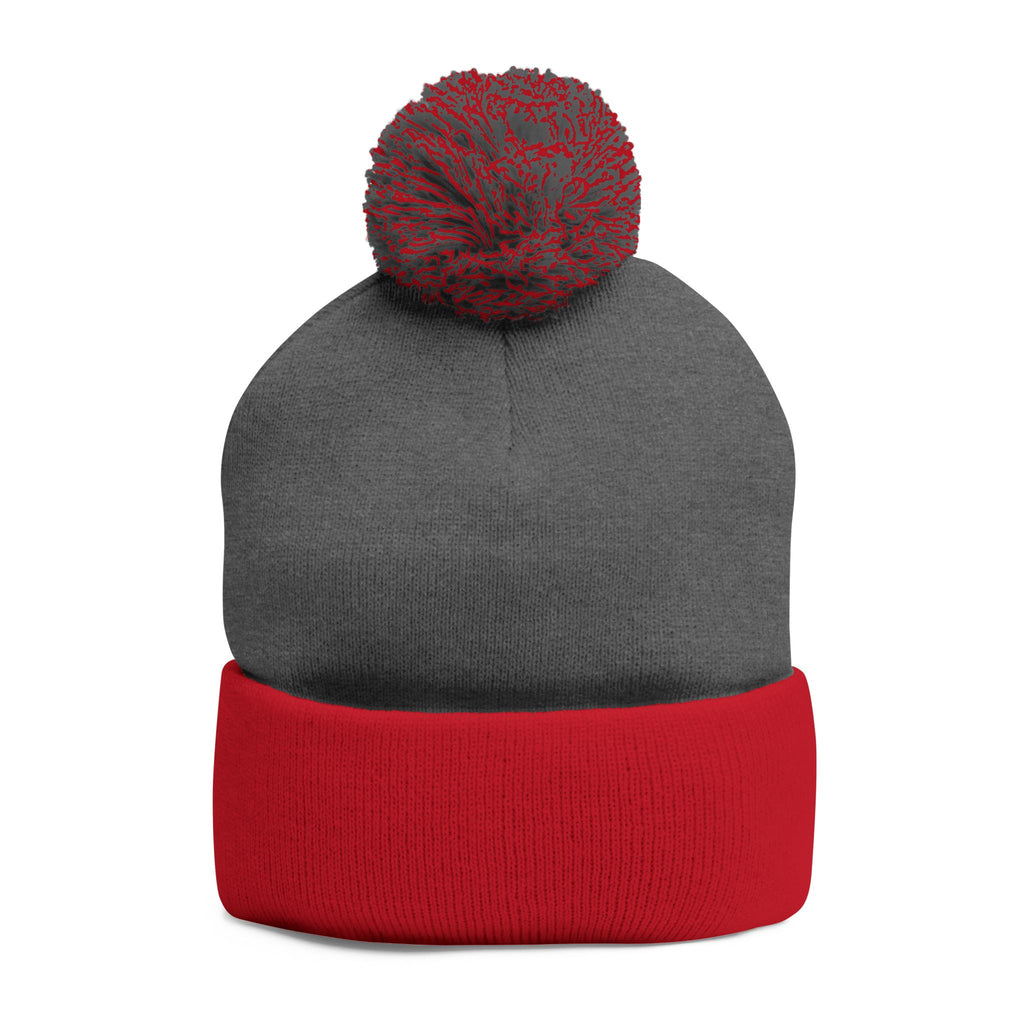 Embroidered Pom-Pom Knit Cap — Cozy Grey Beanie with Small Gold Stitching
