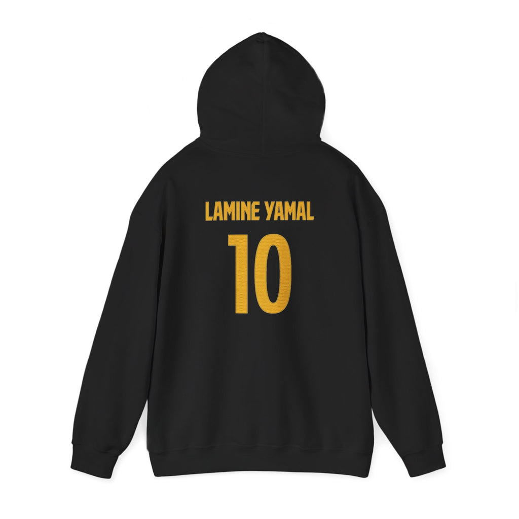 Barcelona Jersey  Hoodie – Custom "10" Back Name (Lamine Jamal) – Black & Gold Fan Pullover