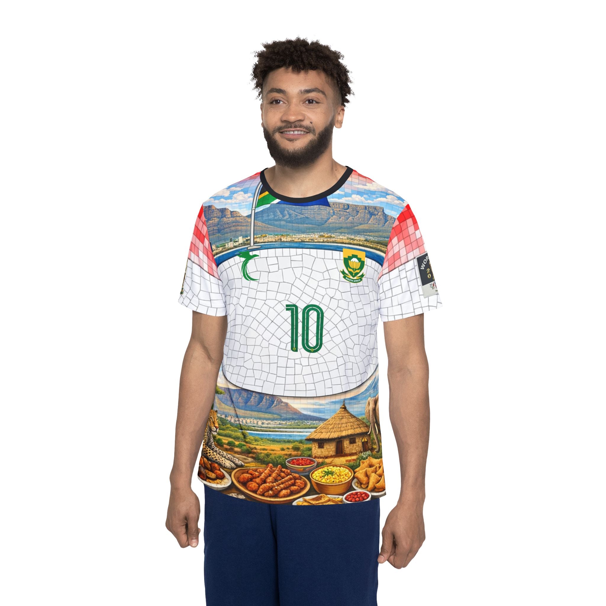 African Heritage Mosaic Sports Jersey — Table Mountain, Wildlife & Rainbow Stripe Design