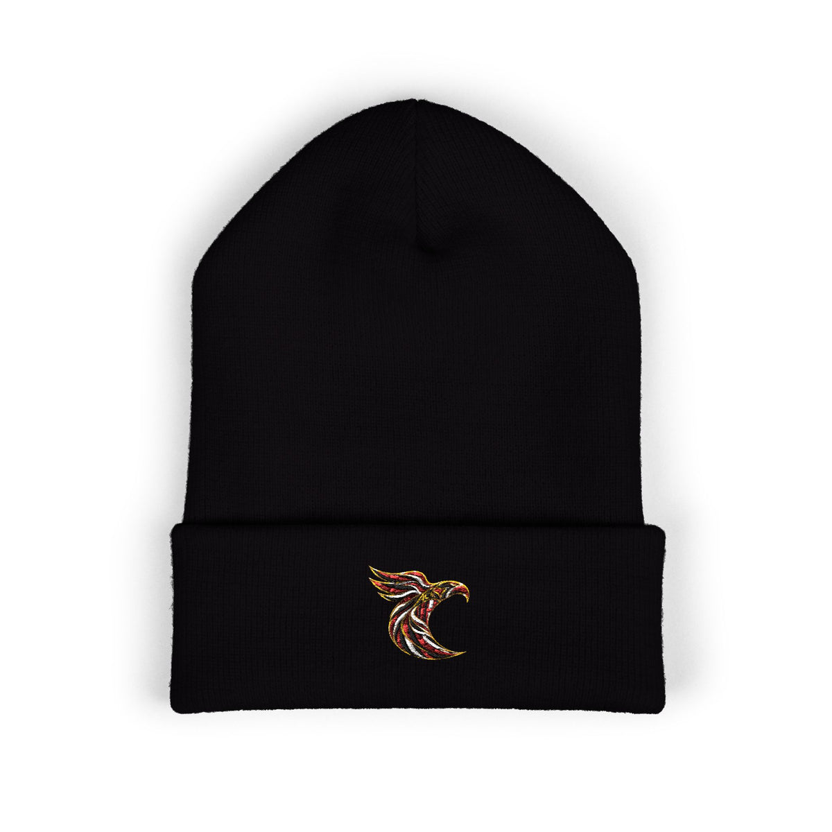 Embroidered Phoenix Cuff Beanie — Small Colorful Phoenix Logo Knit Hat