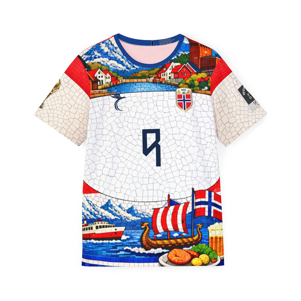 Vibrant Norwegian Fjord Sports Jersey — Viking Ship & Coastal Village All-Over Print