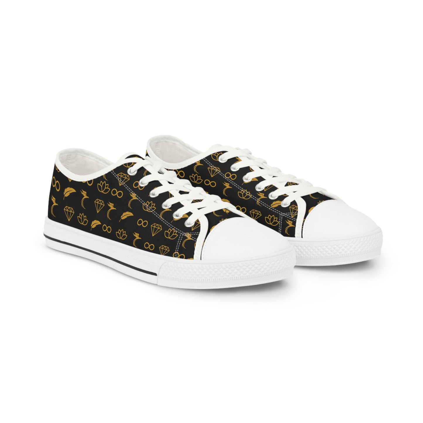 Men's Low Top Sneakers – Black & Gold Bicycle Pattern Casual Canvas Shoes