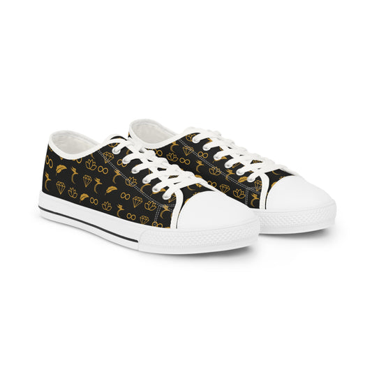 Men's Low Top Sneakers – Black & Gold Bicycle Pattern Casual Canvas Shoes
