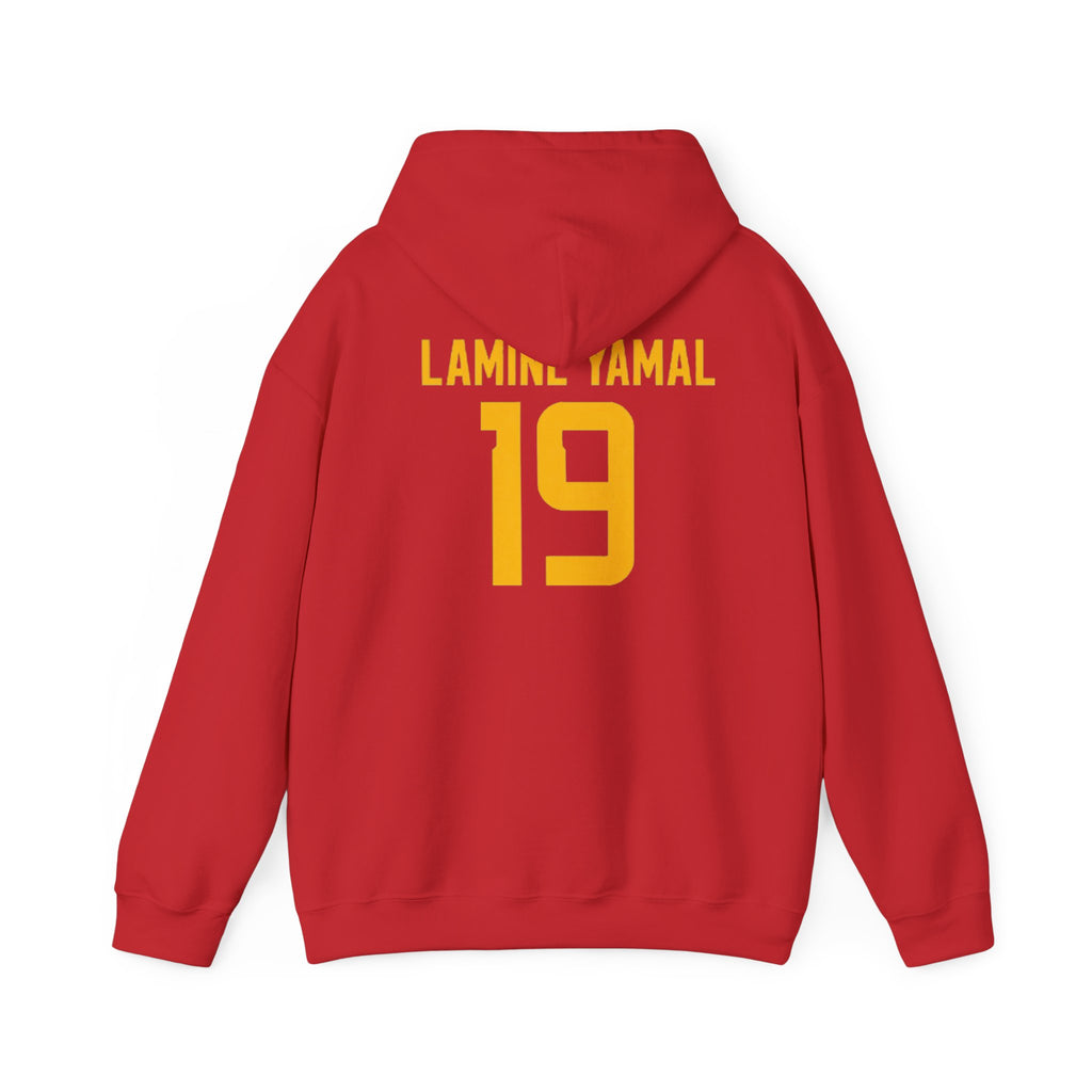 Lamine Yamal  Hoodie - Red Sports Sweatshirt with Gold Crest & Personalized Back Number (e.g., LAMINE YAMAL 19)