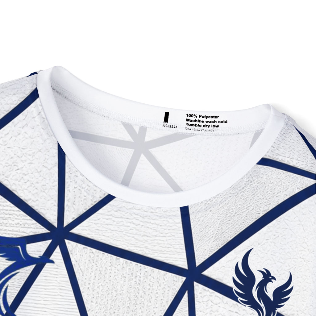 Men's All-Over Print Football Jersey — Geometric White/Navy with AIA Logo and Number 18