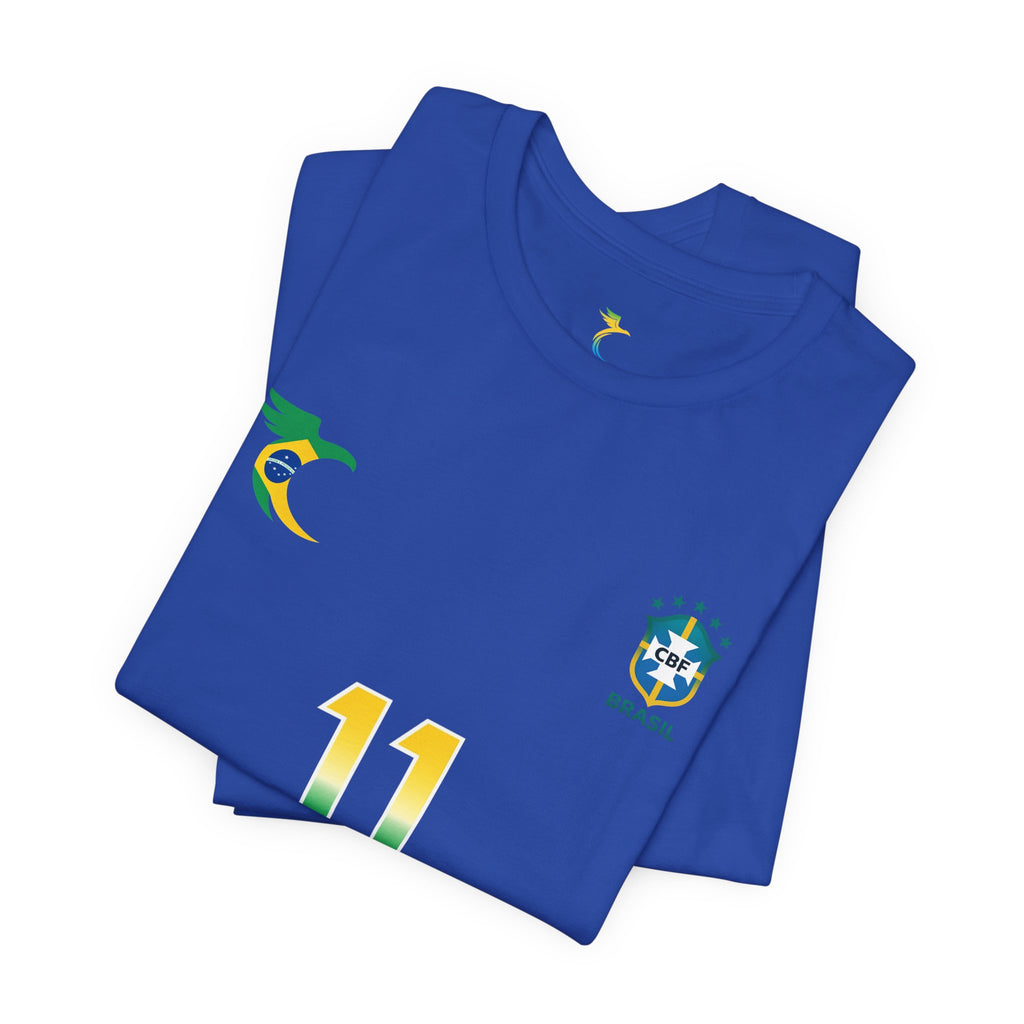 Brazil Soccer Raphinha T‑Shirt — Yellow Brazil Crest Tee with Flag & Sleeve Badges
