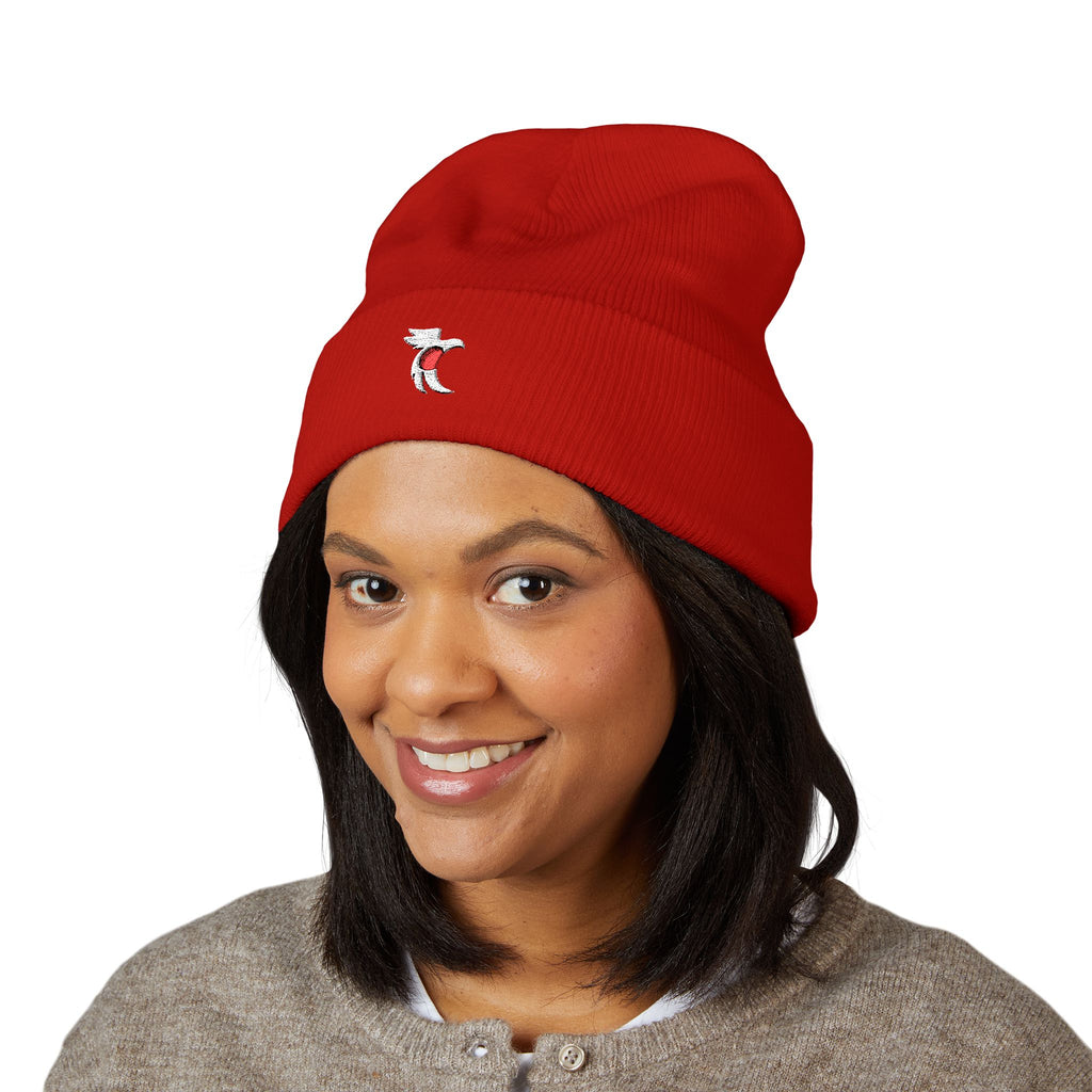 Embroidered Cat with Heart Cuffed Beanie — Cute Minimalist Knit Hat