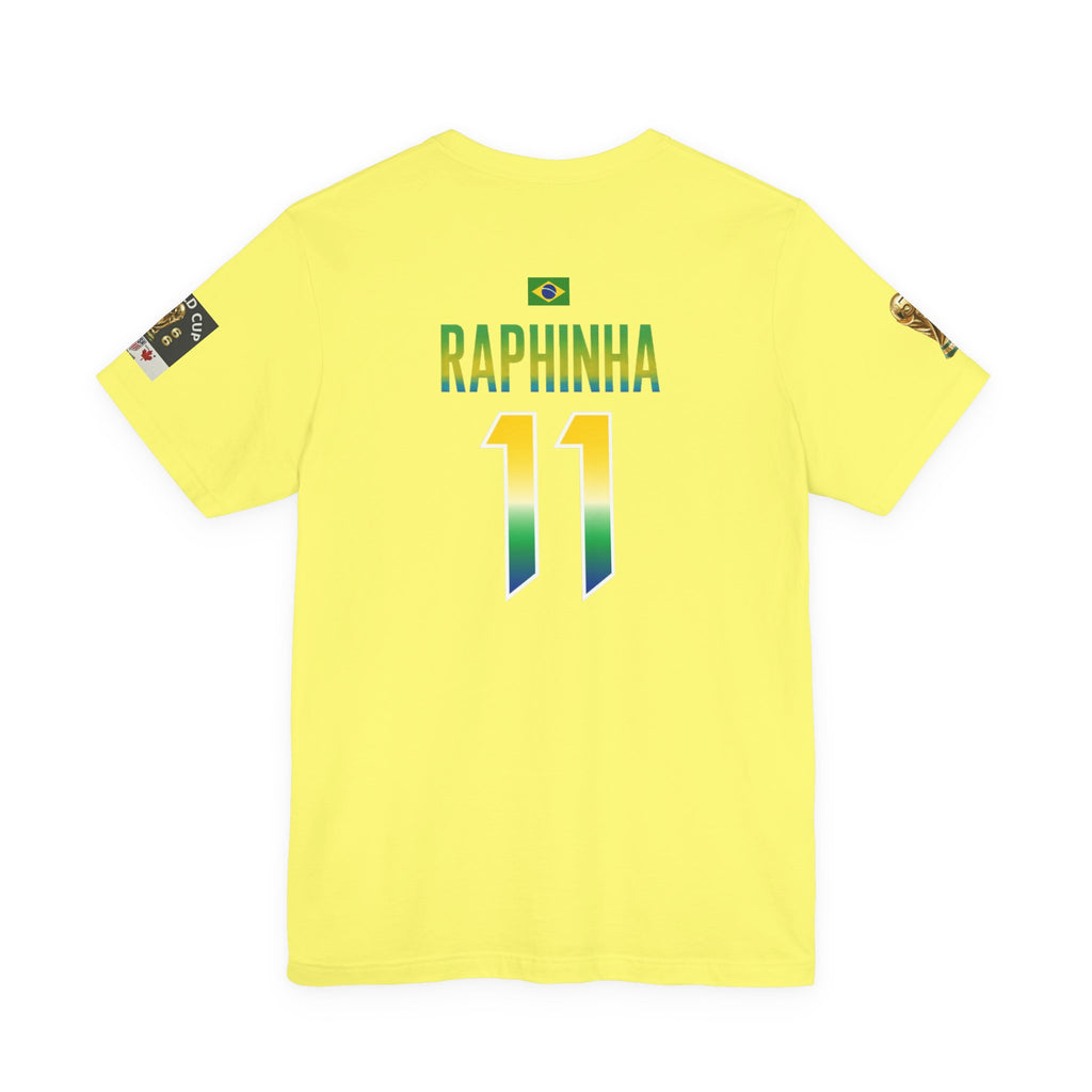 Brazil Soccer Raphinha T‑Shirt — Yellow Brazil Crest Tee with Flag & Sleeve Badges