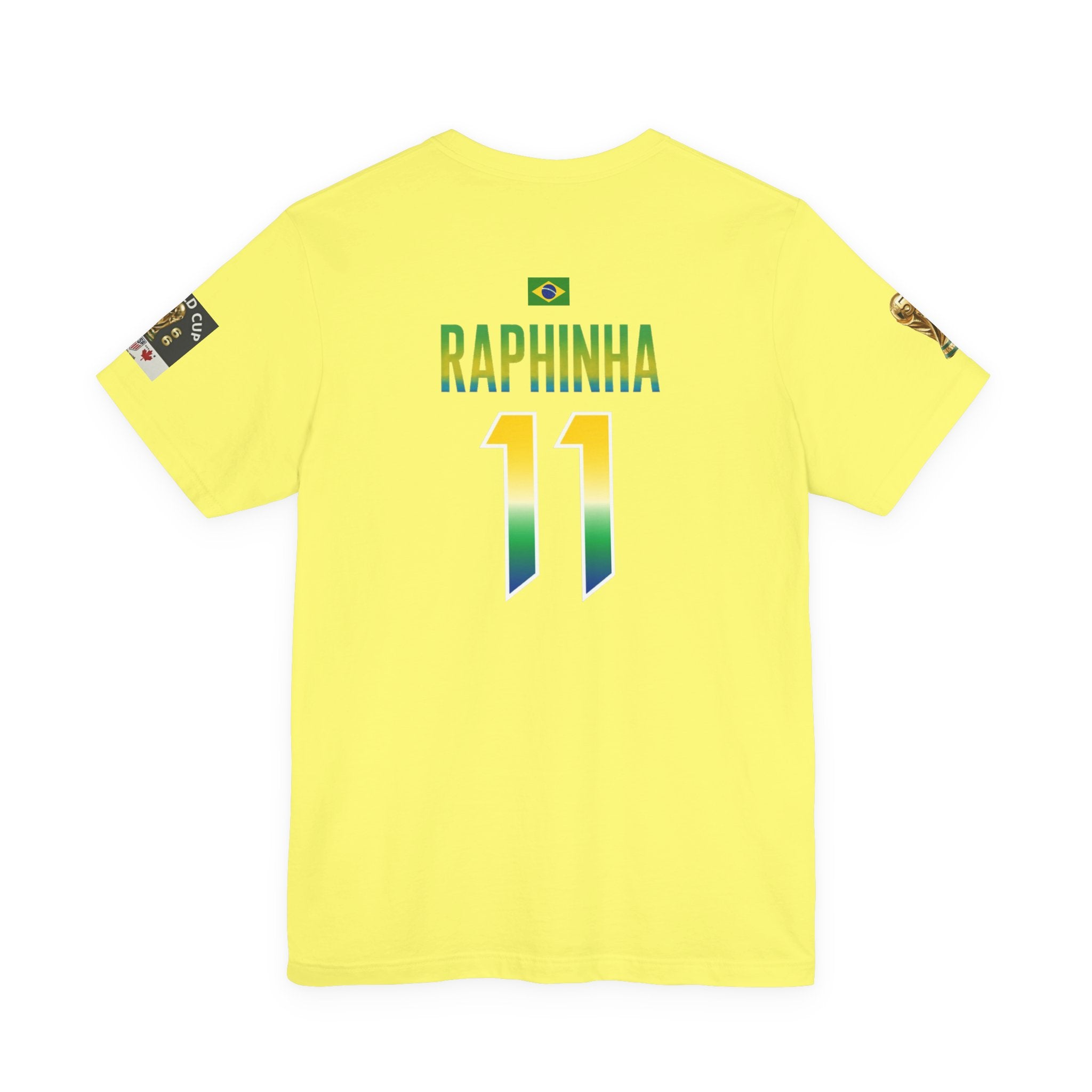 Brazil Soccer Raphinha T‑Shirt — Yellow Brazil Crest Tee with Flag & Sleeve Badges