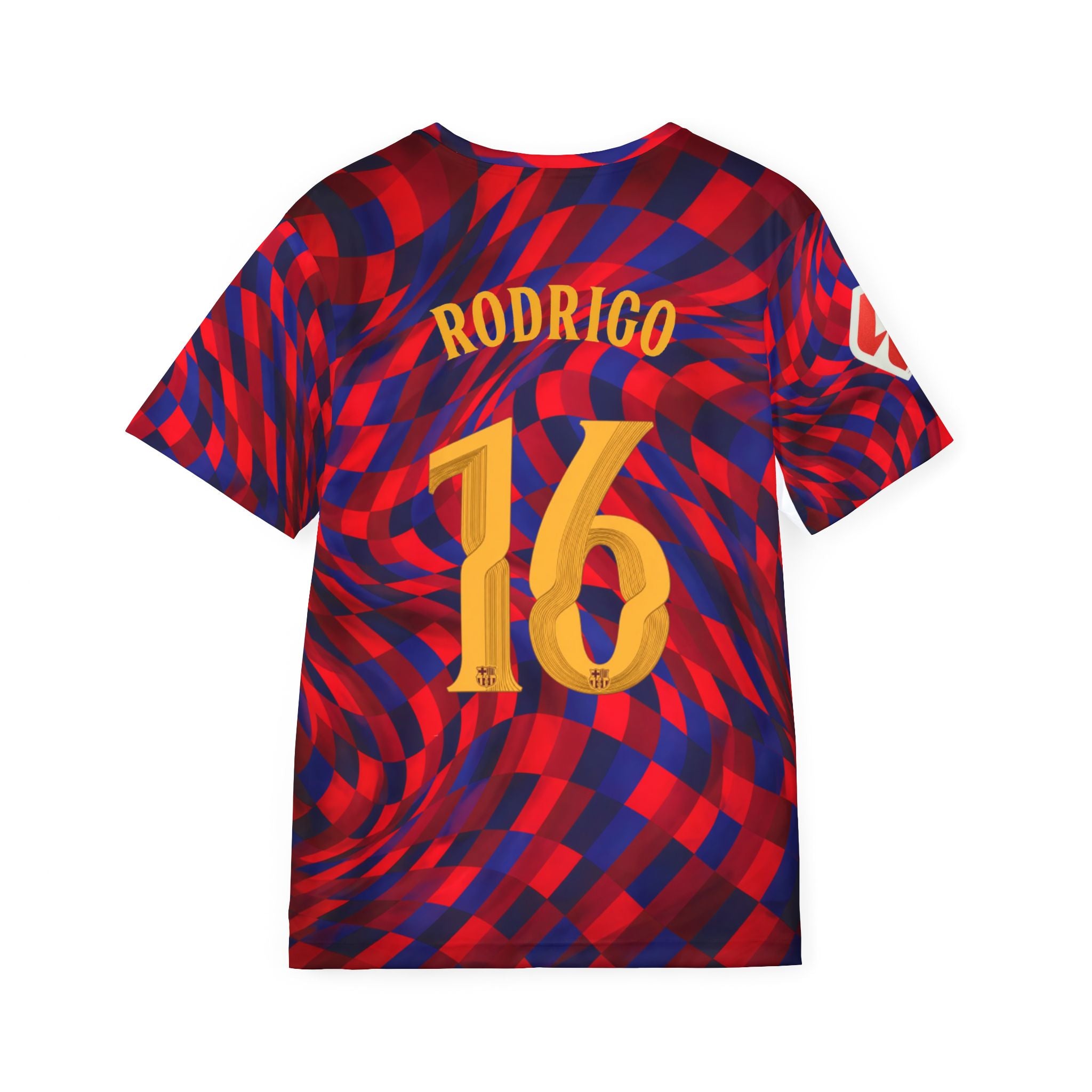Barcelona-Inspired Rodri #16 Men's Sports Jersey — Red & Blue Swirl with 'Rodrigo 16'
