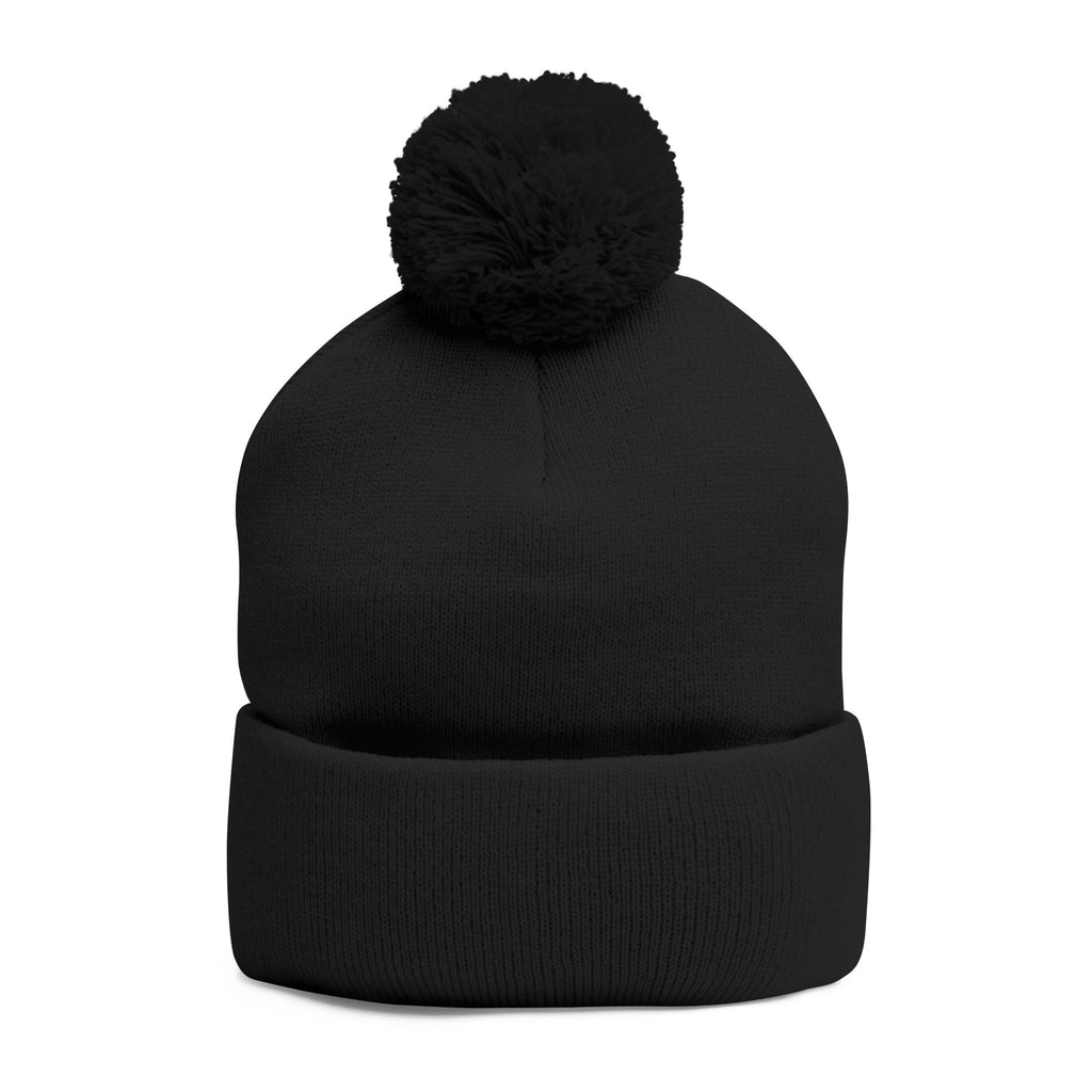 Embroidered Pom-Pom Knit Cap — Cozy Grey Beanie with Small Gold Stitching