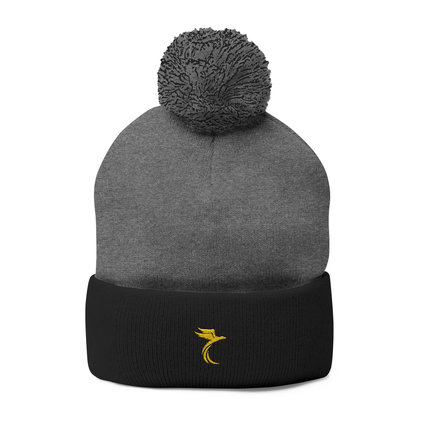 Embroidered Pom-Pom Knit Cap — Cozy Grey Beanie with Small Gold Stitching